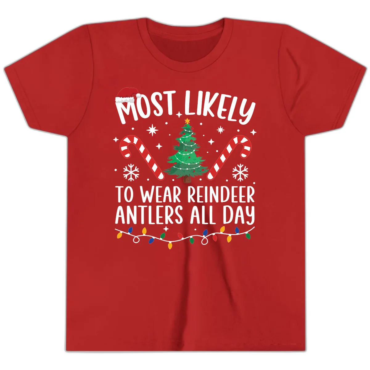Most Likely To Wear Reindeer Antlers All Day Youth T-Shirt in Red